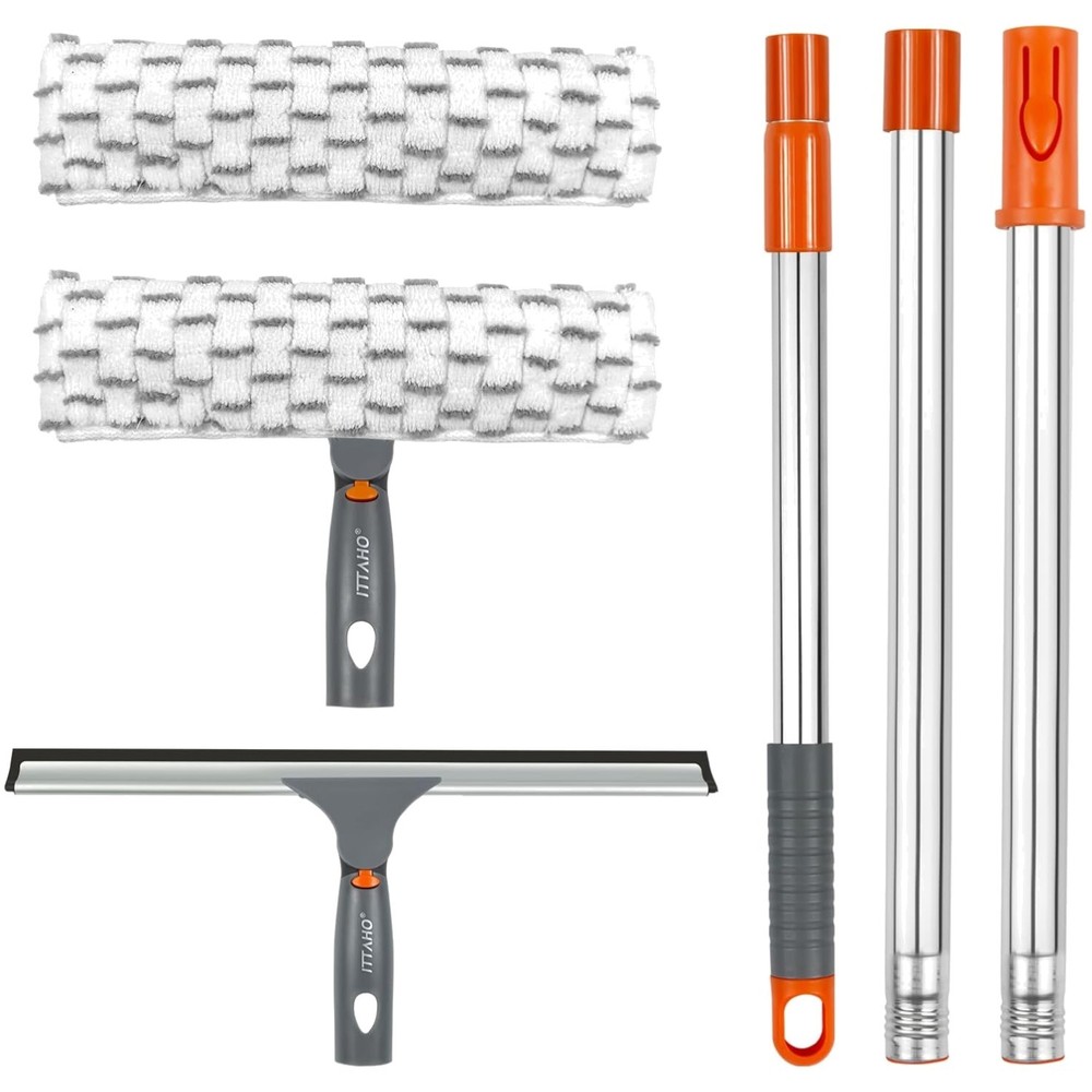 Complete Window Cleaning Kit: 12" Squeegee, 11" Microfiber Pad & Extendable Pole