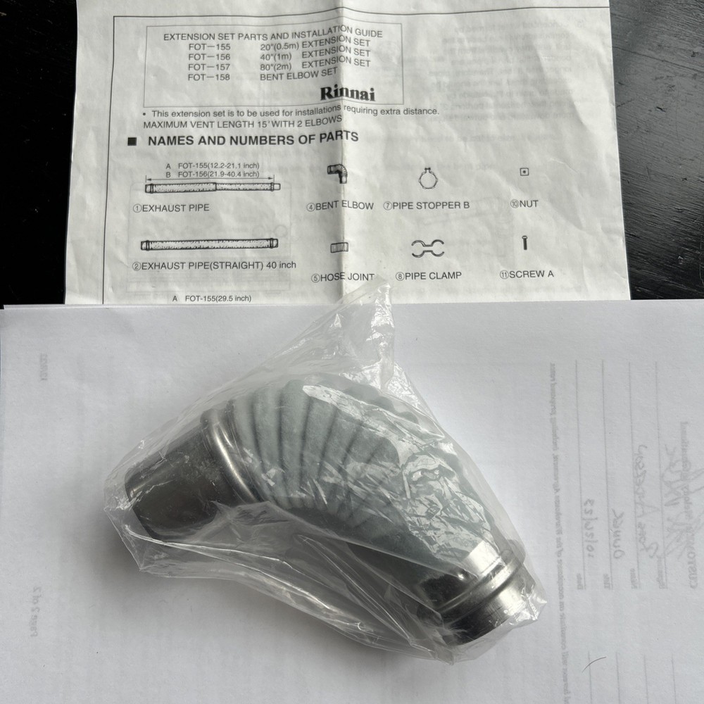 Rinnai FOT-158 Bent Elbow ONLY FOT 087-002  NEW but with NO Clamp / pipe stopper