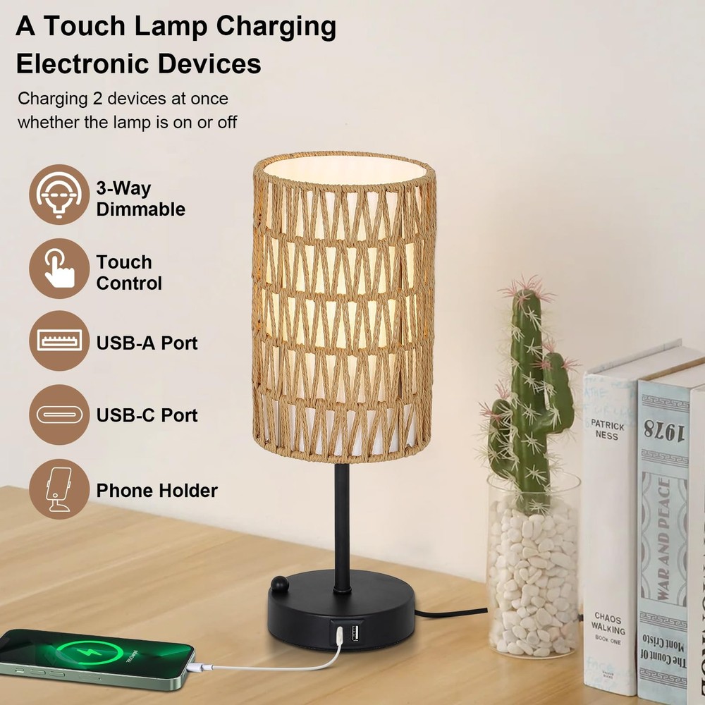 Touch Table Lamp For Bedroom with Bulb, Boho Small Desk 1 Pack, Black