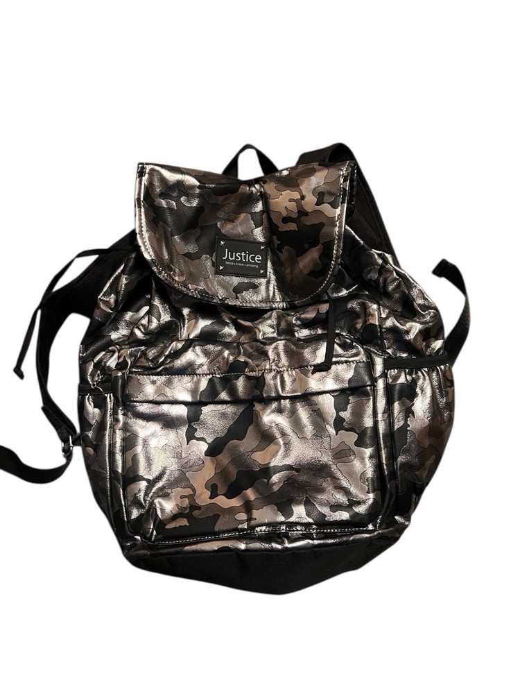 JUSTICE BRAND SHINY BLACK CAMMO BACKPACK EXCELLENT CONDITION