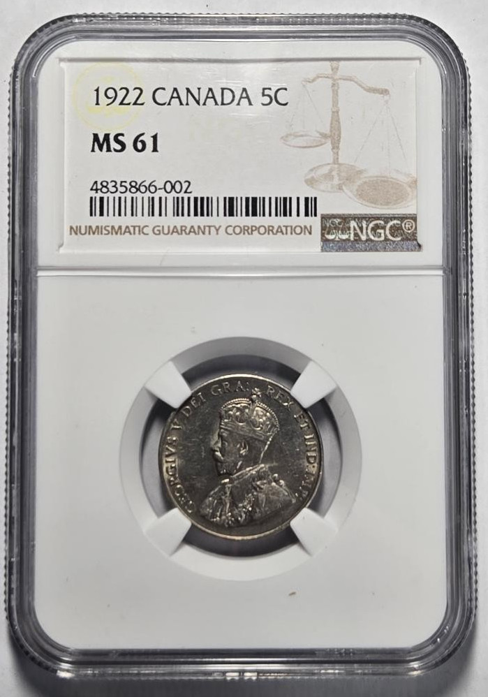 1922 CANADA 5 CENT NGC MS 61 Certified Coin