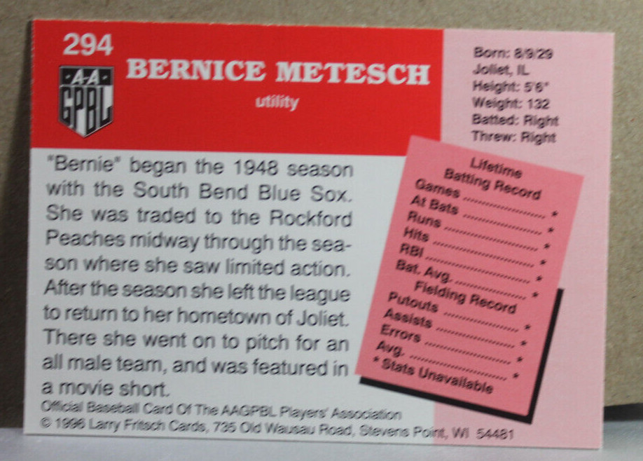 AAGPBL "BERNIE METESCH" SIGNED CARD #294