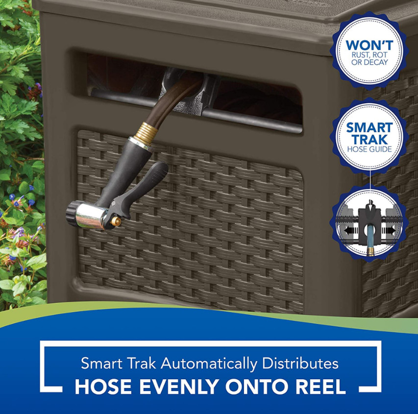 Suncast 225 ft. Smart Trak Wicker Garden Hose Reel Guide and Hideaway,Java Brown