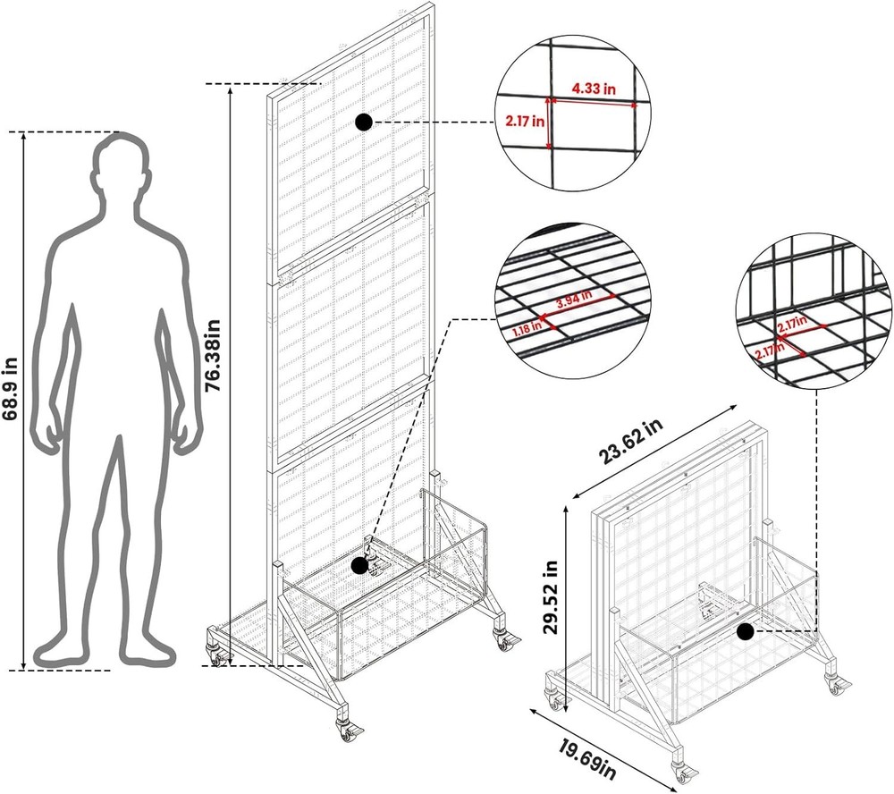 Display Grid Rack 6 ft Panel Foldable Craft Art Gridwall Tower W/ Basket & Tray