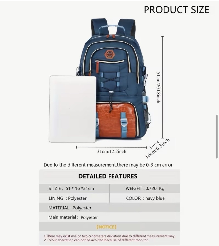 CYMEOE Hiking Backpack Navy Blue Polyester Large Capacity Shoe Compartment