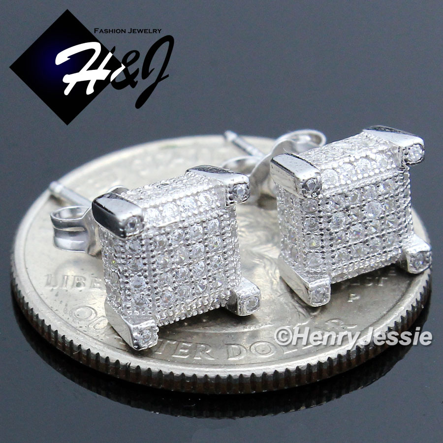 MEN WOMEN SOLID 925 STERLING SILVER ICY BLING CZ SQUARE 7MM 3D STUD EARRING*E90