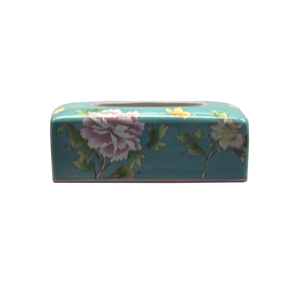 Teal Blue Flower Bird Graphic Rectangular Porcelain Tissue Box Cover ws4820D