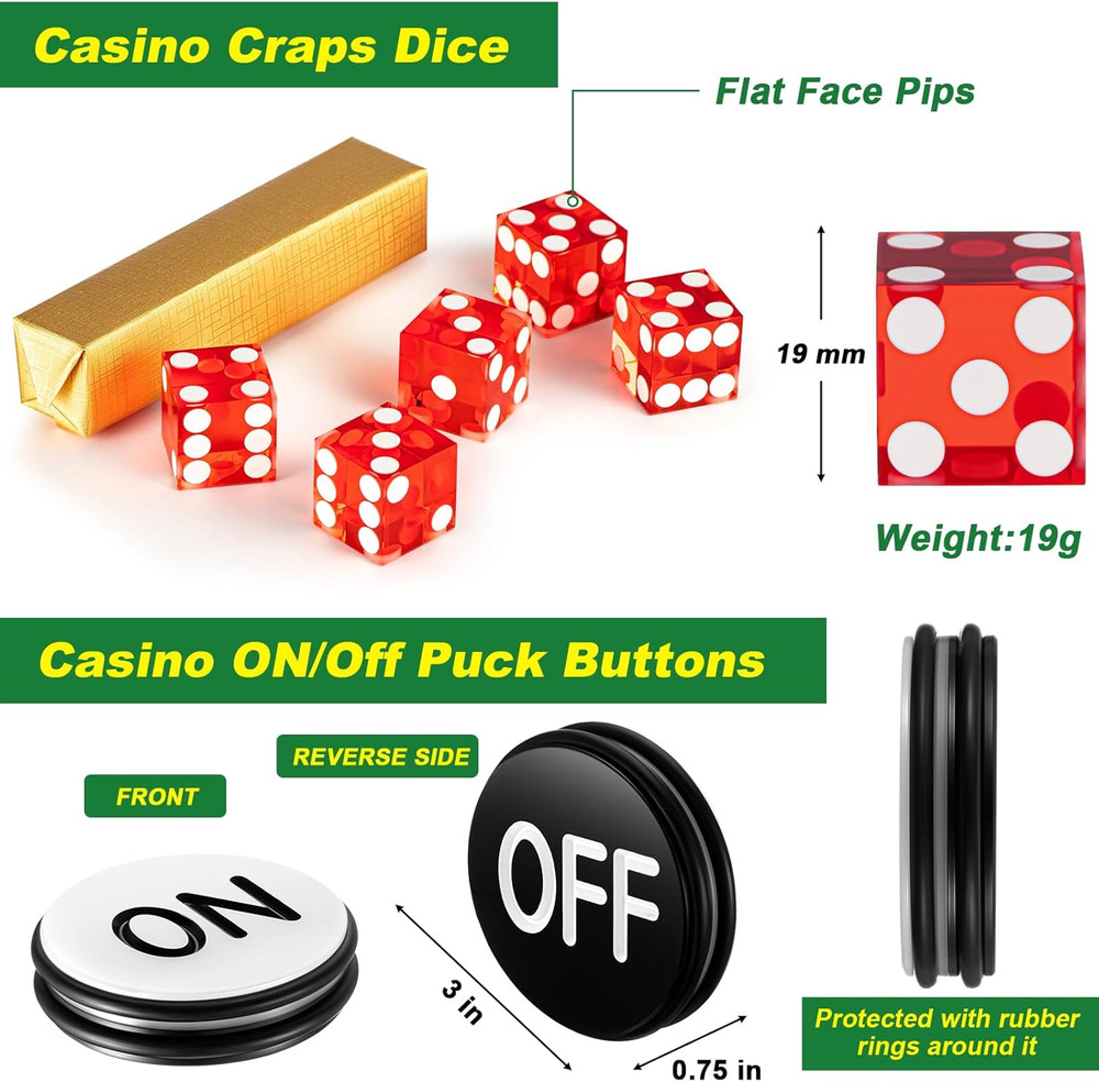 Craps Tabletop Game Set, Includes 35" X 70" Rubber Craps Tabletop Layout Mat, 36