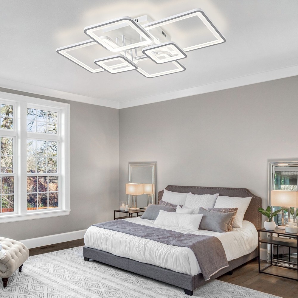 6-Ring Dimmable LED Ceiling Lamp – White Flush Mount Light with Remote Control