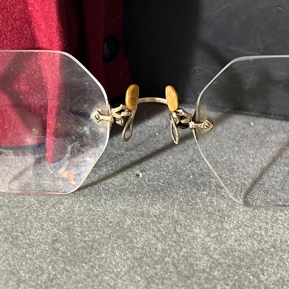 Antique rimless gold filled eyeglasses with case