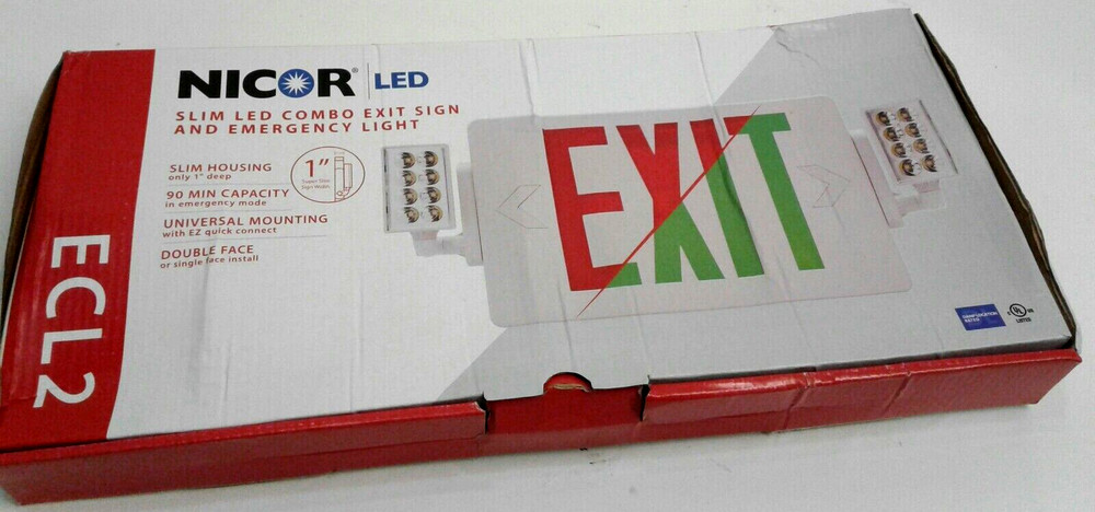 NICOR LED ECL2 Series Slim LED Combo Exit Sign & Emergency Light Red Lettering