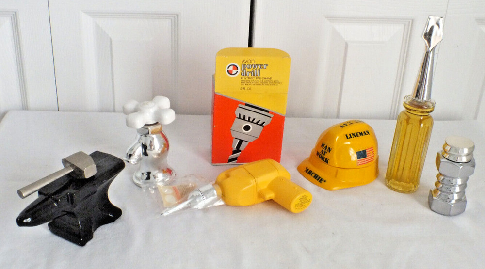Avon 5 after shave handy man tool bolt anvil decanters FULL plus 1 empty drill