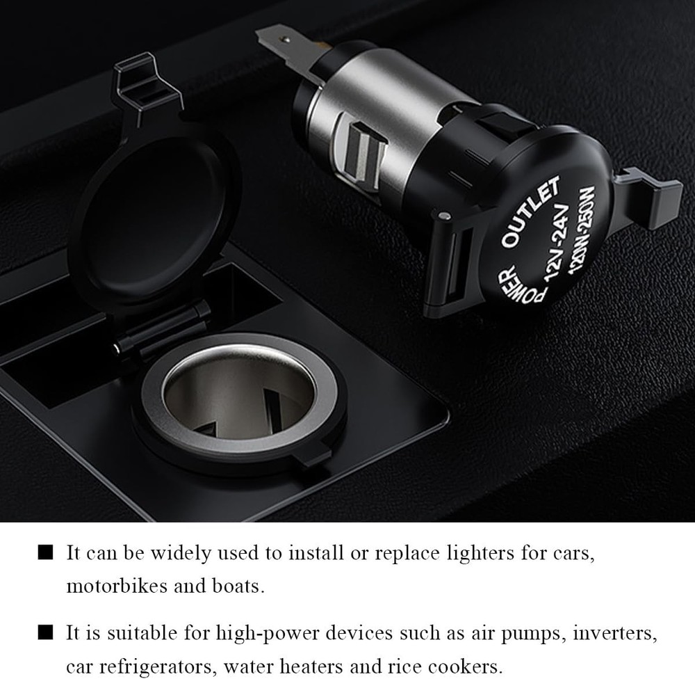 Car Cigarette Lighter Socket, DC 12V Waterproof Cigarette Lighter Power Adapter