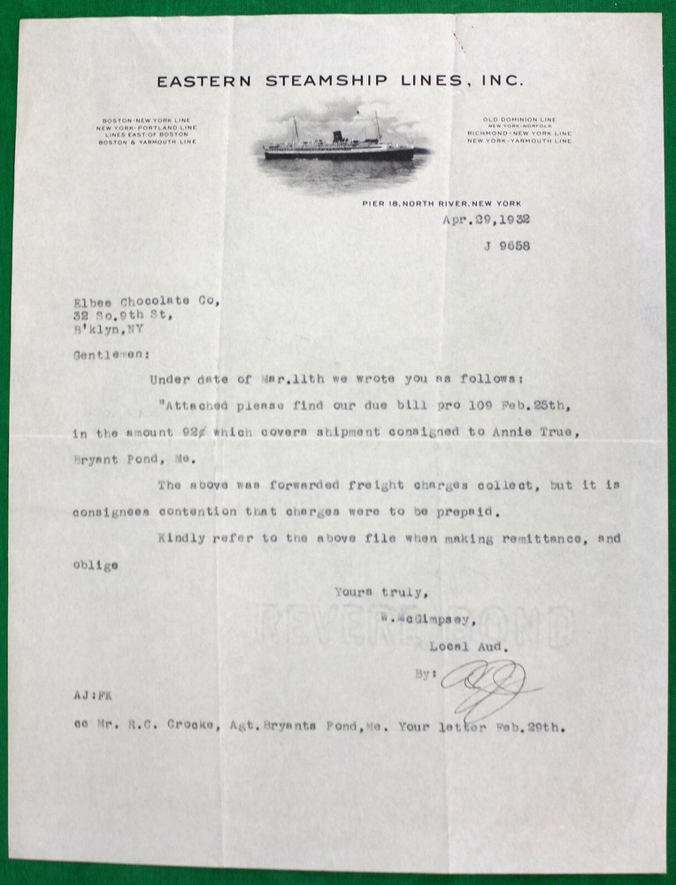 Original 1932 Eastern Steamship Lines, Inc. Letterhead