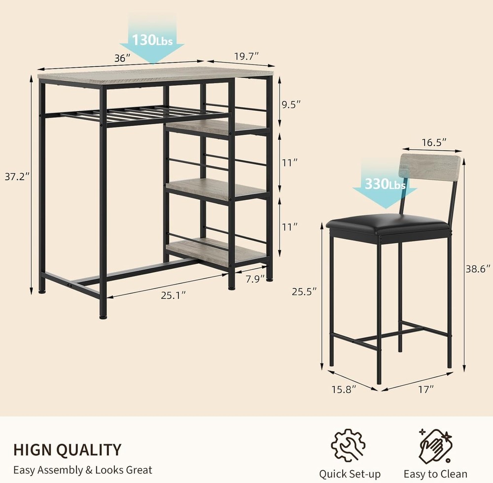 3-Piece Dining Table Set w/ Upholstered Bar Stool Wine Rack Kitchen Dining Room