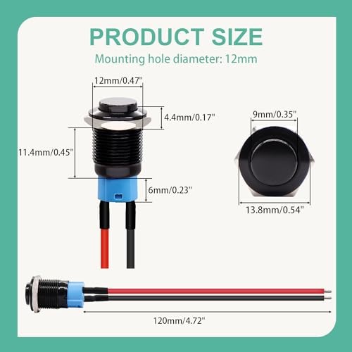/5PCS 12mm Push Button Switch ON Off Mini Round Waterproof Black Shell Latching