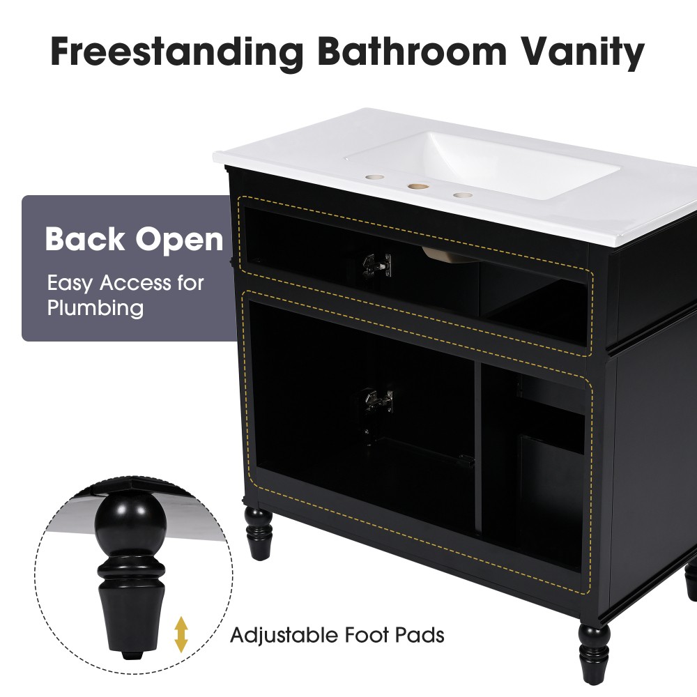 36" Bathroom Vanity with Sink, Bathroom Cabinet with Drawers, Solid Frame
