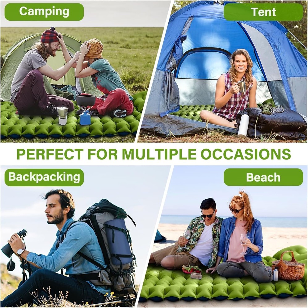 Double Sleeping Pad - Self Inflating 4" Thick w/Pillow Pump Camping Mat Pro