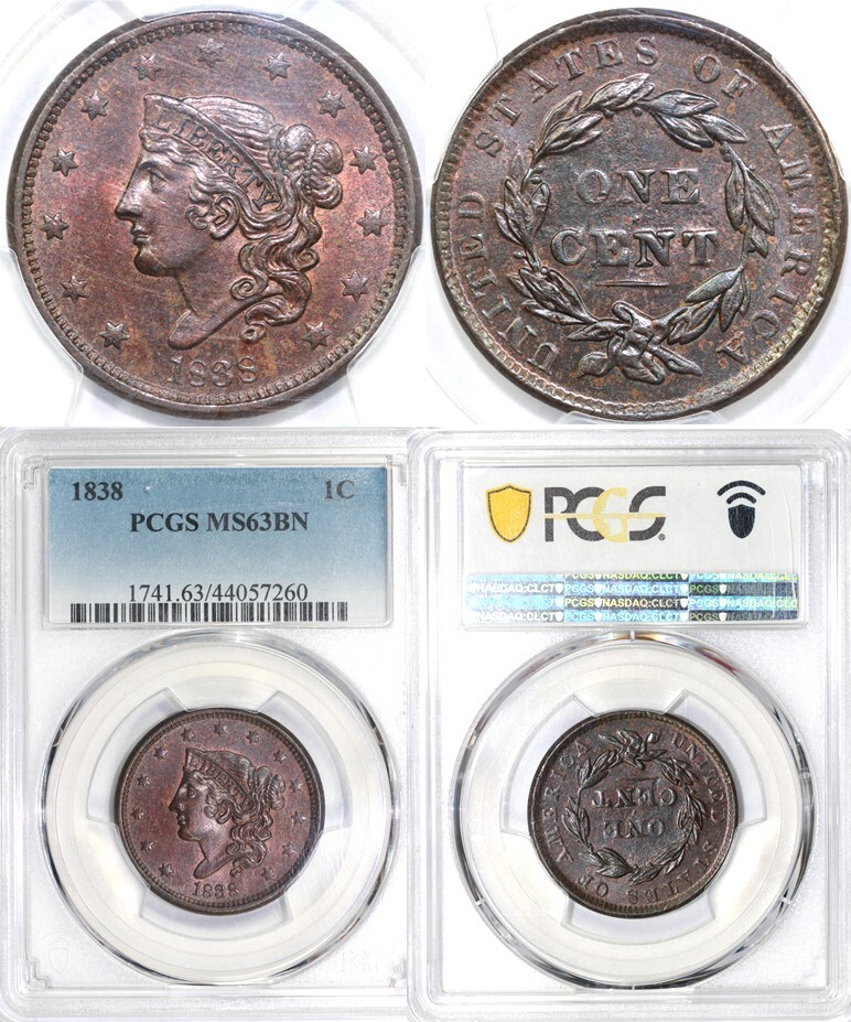 1838 1c Matron Head Large Cent PCGS MS 63 BN