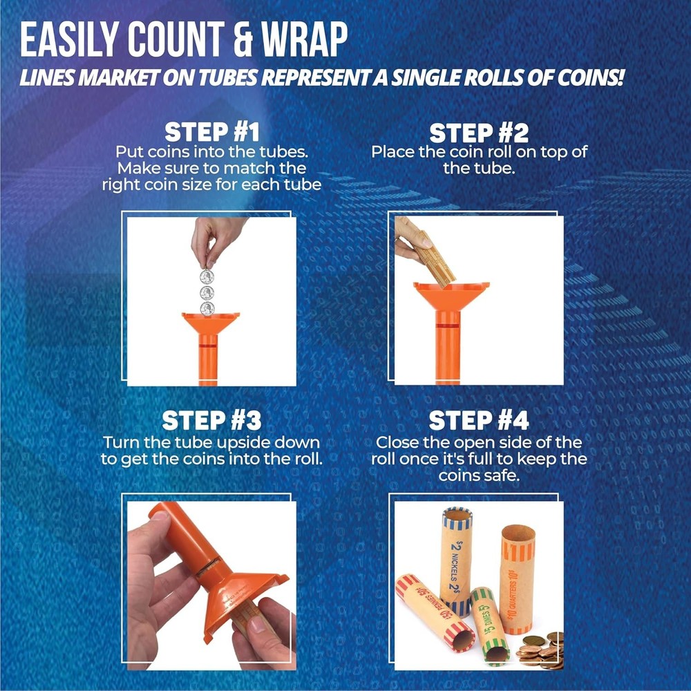 Effortless Coin Sorting – 4 Color Coded Tubes & 28 Preformed Wrappers Set