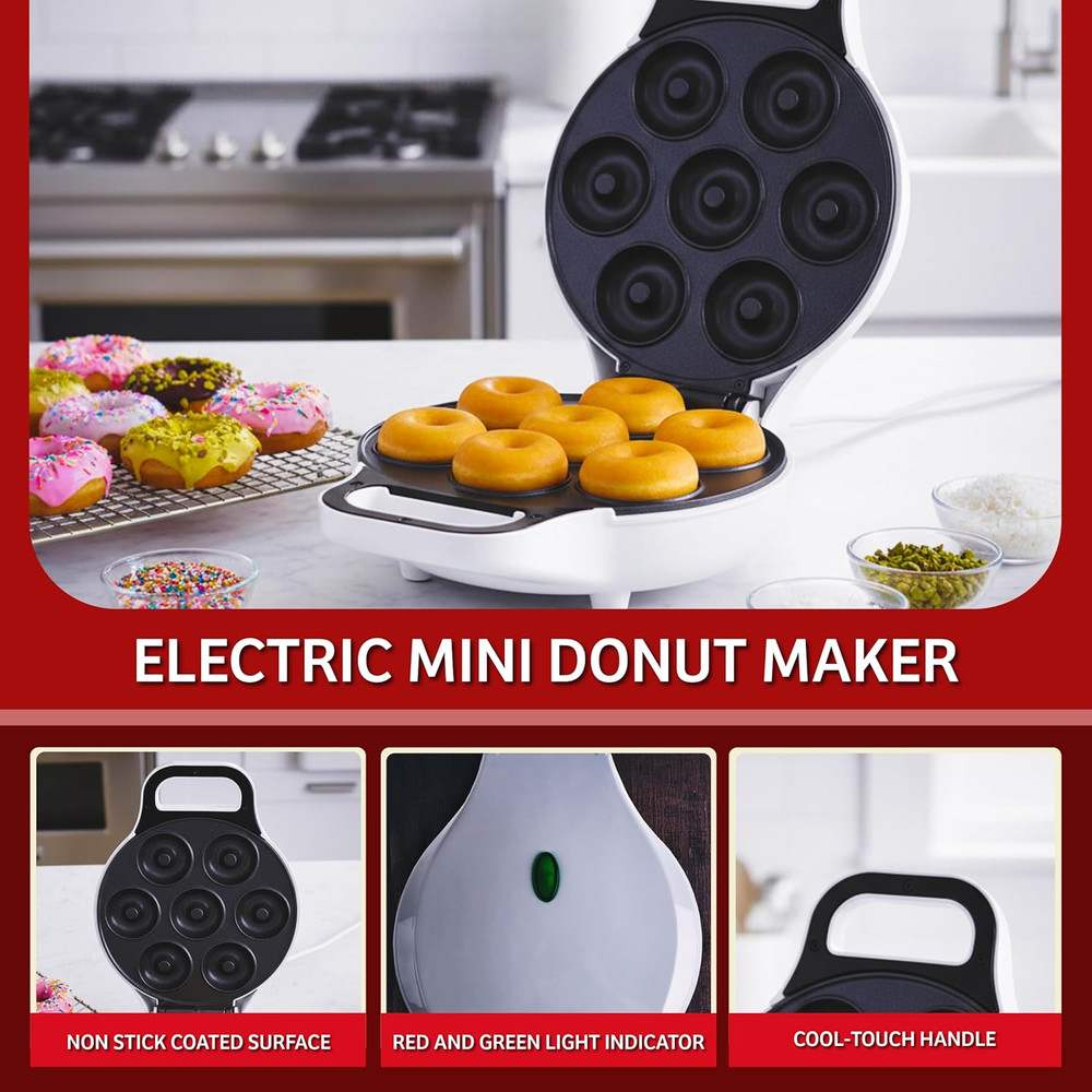 Mini Donut Maker, Durable, Nonstick Easy to Use Mini Baking Machine - Cooks 7 Mi