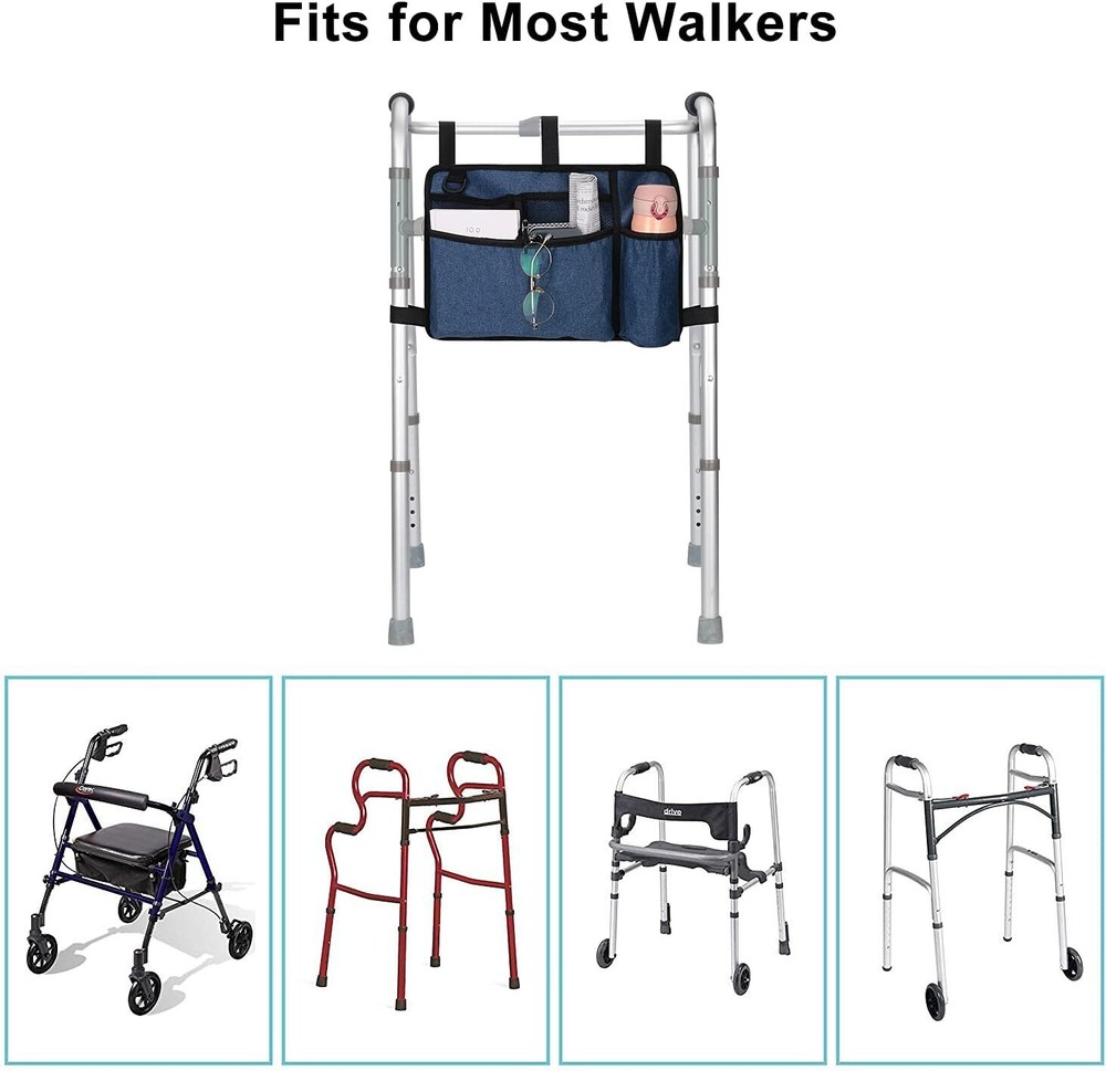 Water-Resistant Walker Bag with Cup Holder - 5 Pocket Mobility Solution in Blue