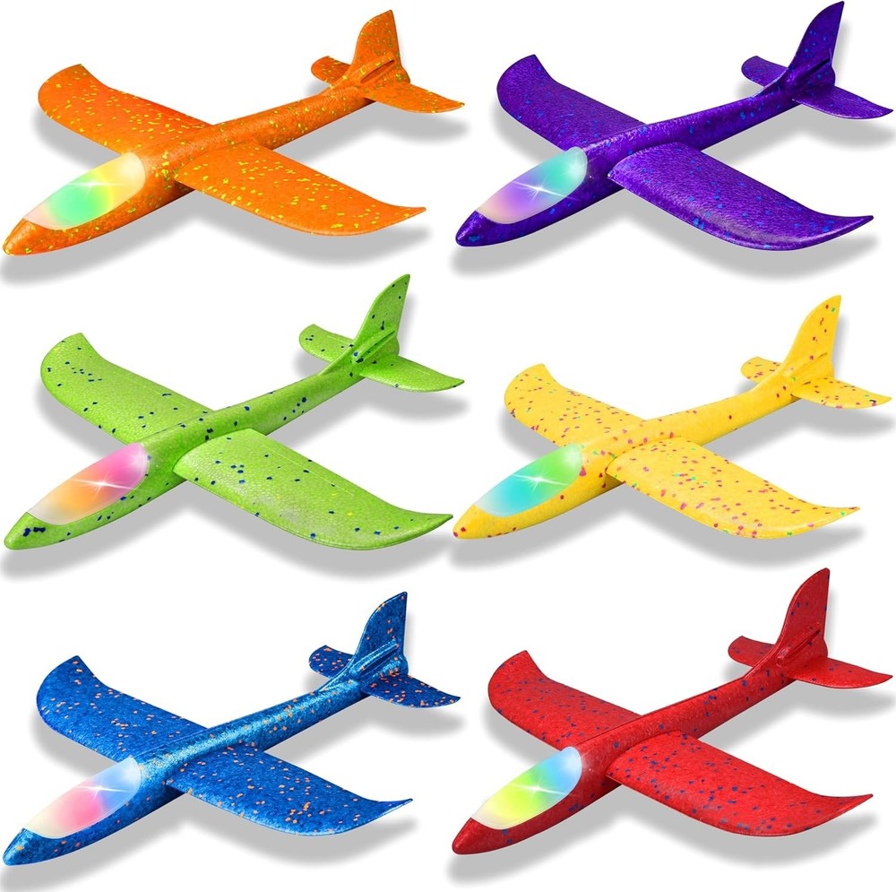 Interactive 6 Pack Airplane Toys with LED Lights - 17.5" Glide & Rotate Modes