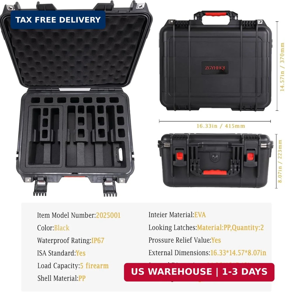 Hard shell protective storage case, capable of holding multiple handguns, pre-cu