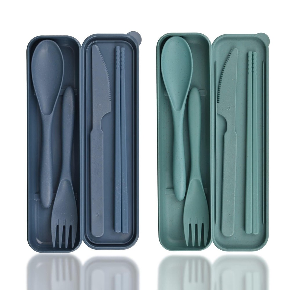 2 Sets Plastic Reusable Utensils Set with Case, Travel Chopsticks Fork Spoon ...