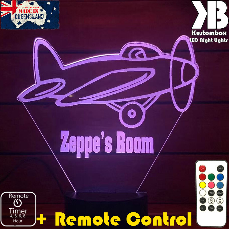 Plane Personalised Name Night Light LED 7 Colour + Remote Timer Children's Room