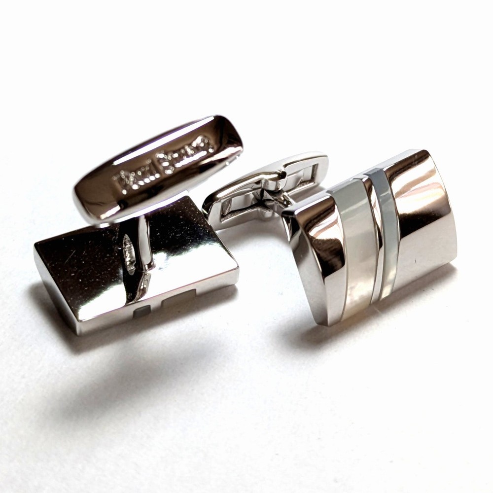 Psc478 Paul Stuart Cufflinks Silver Pearl White Double Line Shell