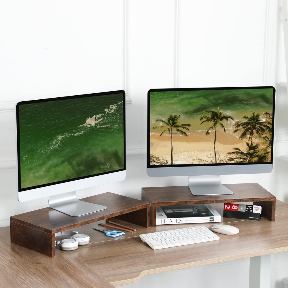 Monitor Stand Riser 20 inch Wooden Tabletop Shelf Storage Rustic Brown 2PCS