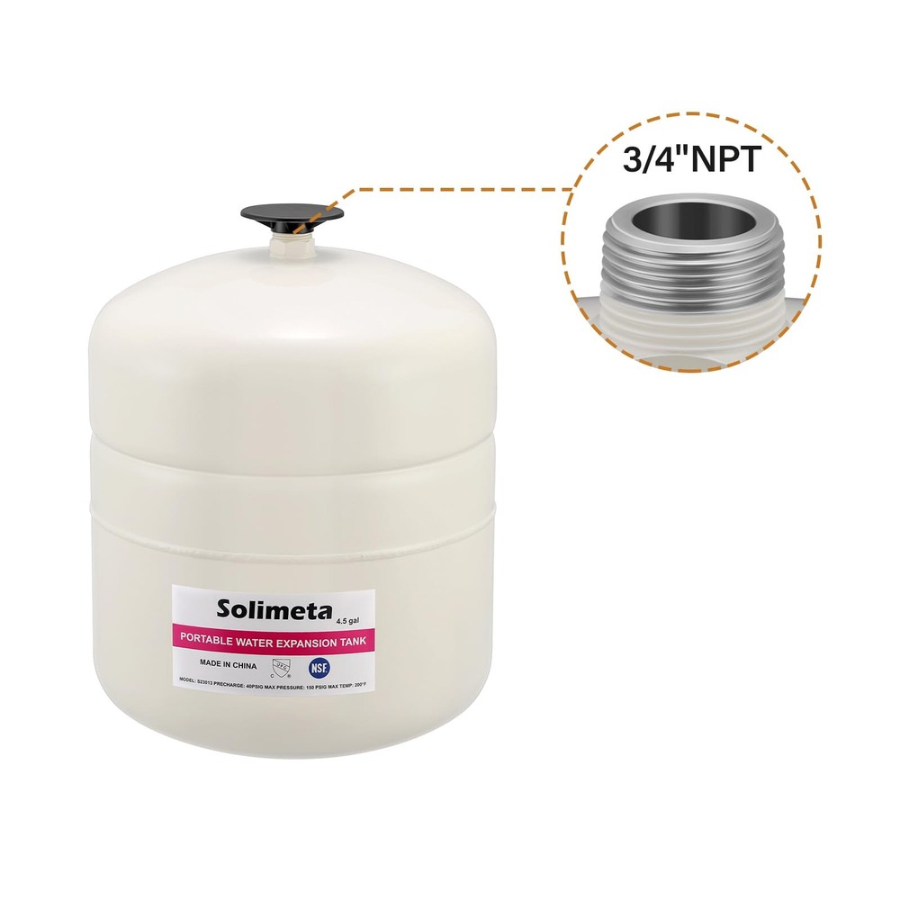 Solimeta 4.5 Gallon Potable Water Expansion Tank With Adjustable Wall Mountin...