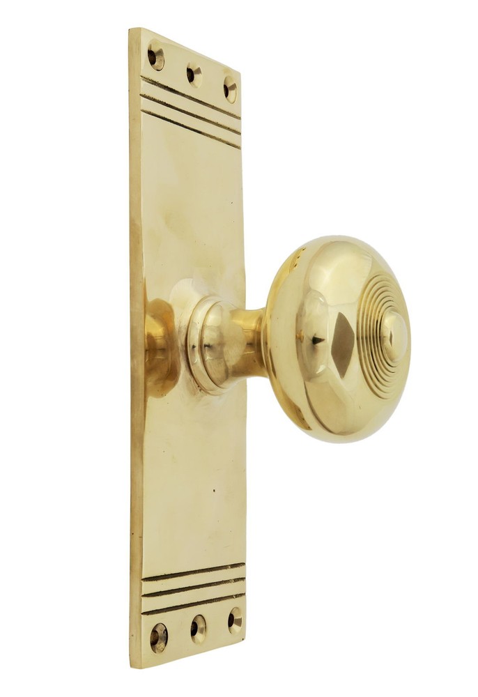 Pair Solid Brass Regency Mortise Door Knobs on Back Plate - antique style handle