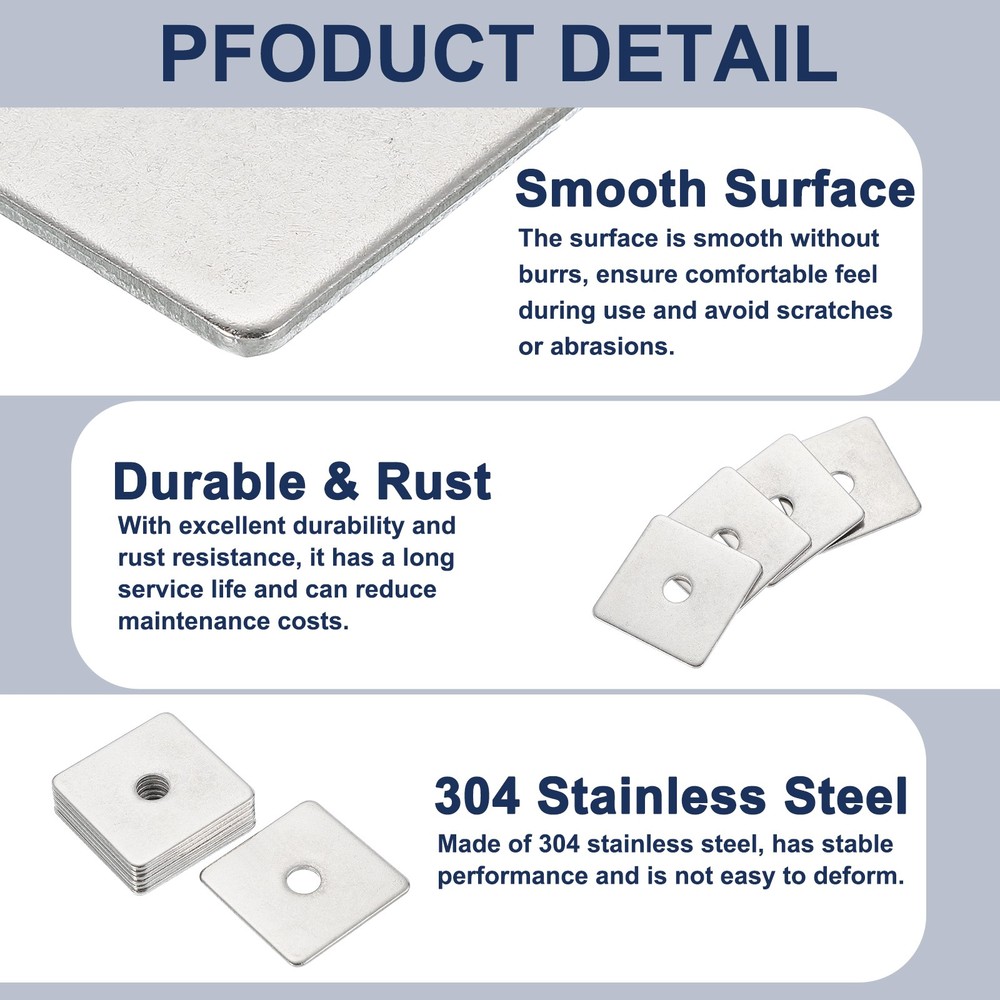 16 Pcs Flat Square Plate Washer, 8MM ID x 20MM OD x 3MM Thick, Silver