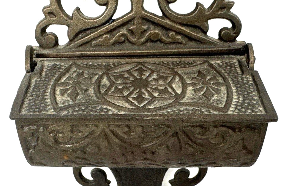 Antique Victorian Cast Iron Wall Mount Match Safe Holder Scroll