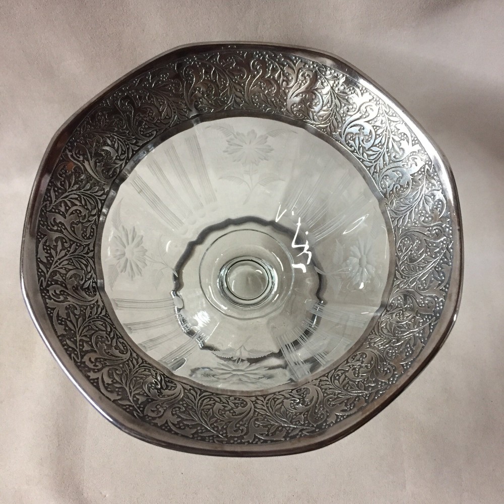 Antique Sterling Silver Etched Glass Compot Dish 7”
