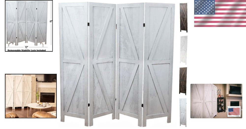 Rustic White 4-Panel Room Divider - Easy to Move Folding Privacy Screen