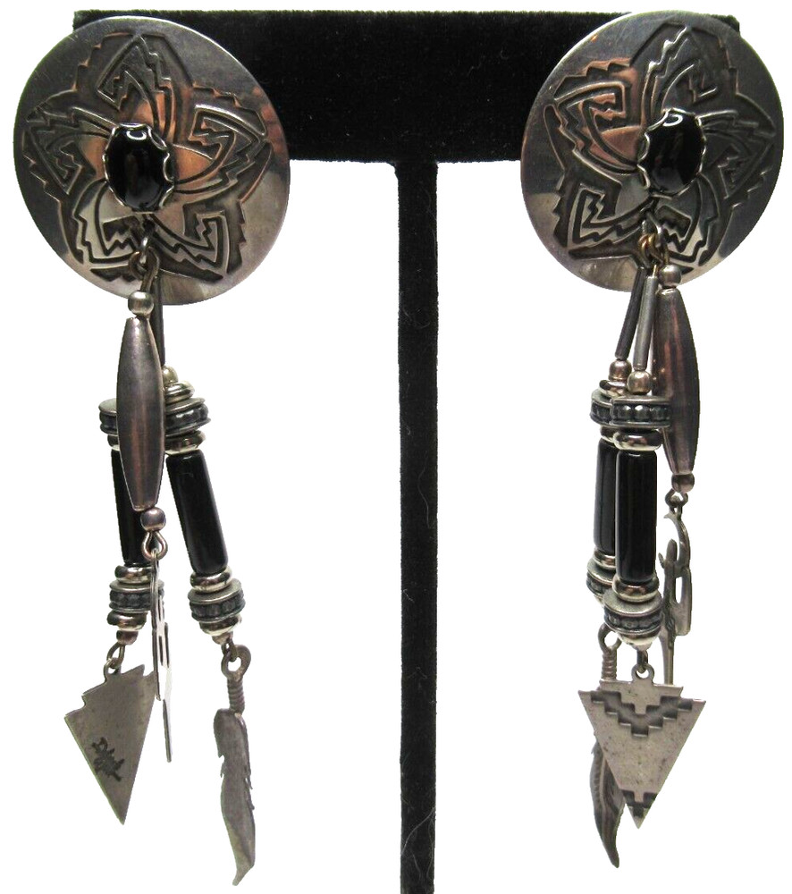 Southwestern Black Bead Silver Cactus Designer Signed Pierced Earrings