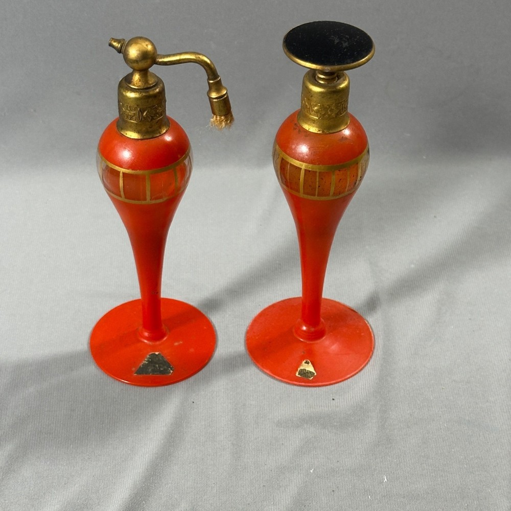 Pair Vintage Art Deco Pyramid Perfume Set Orange Atomizer & Dauber