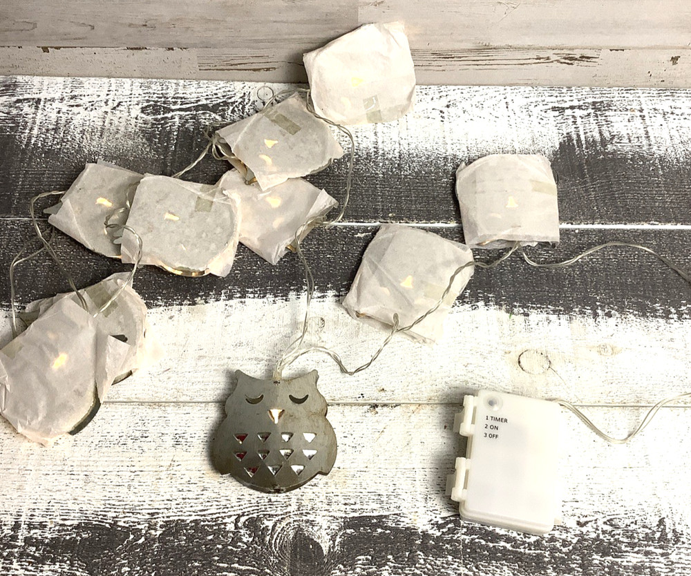 Pottery Barn Galvanized Owl String Lights 6’ Long  10 Lights w/ Timer