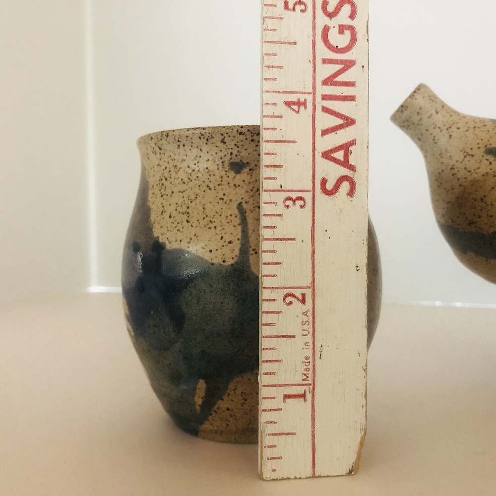 Studio Art Pottery Stoneware Teapot Bamboo Handle & Cup Speckled Glaze Signed