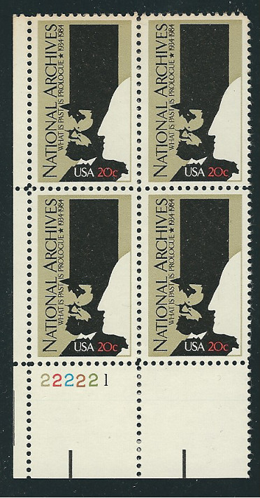 Scott  #2081... 20 Cent....National Archives... Plate Block