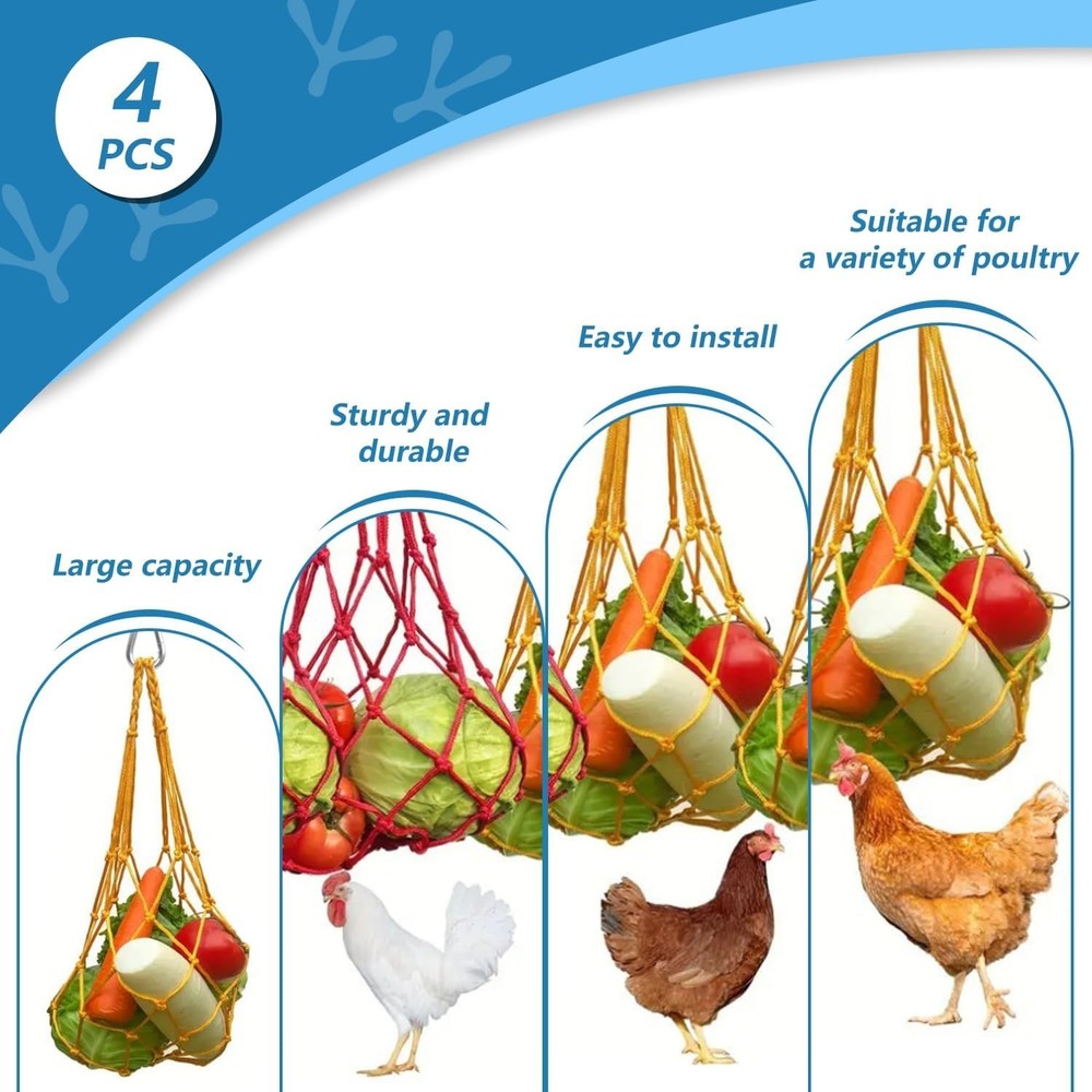 Chicken Vegetable String Bag, Hanging Feeder Toy Vegetable Rack w/Hook (4 Set)