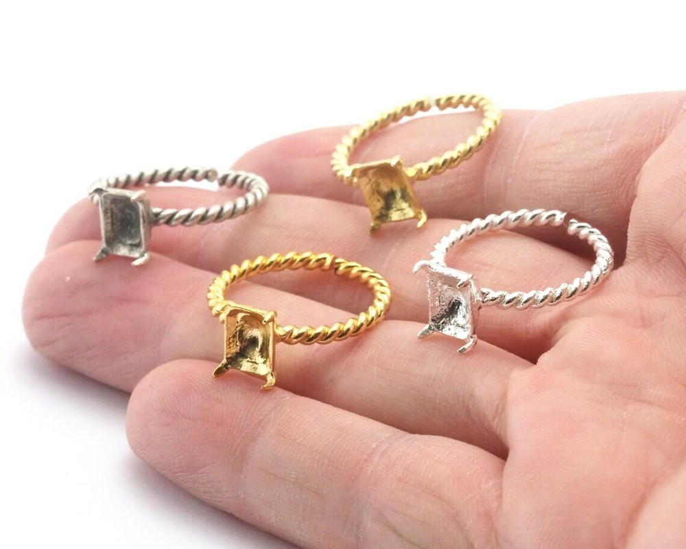 Octagon Twisted Ring Base Adjustable Bezel Brass - Shiny silver - Antique 4397