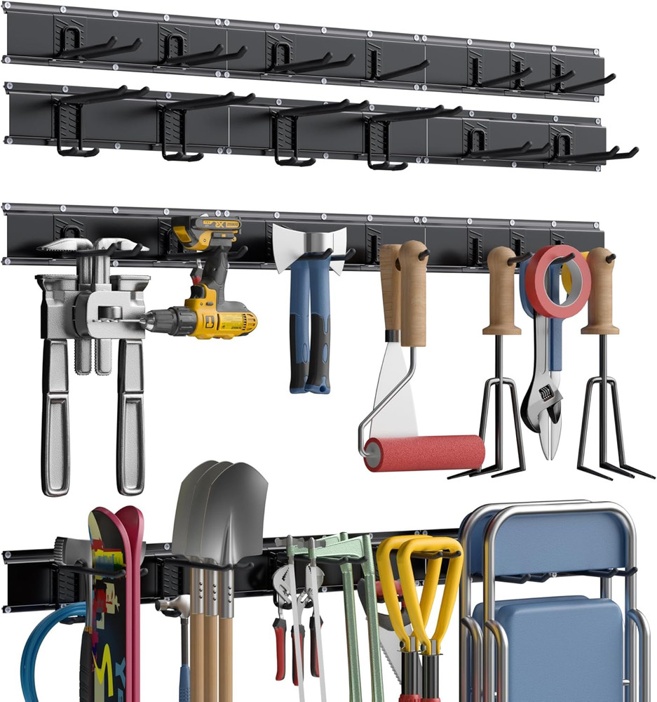 Heavy-Duty Garage Tool Organizer with 96" Rails & 13 Adjustable Hooks