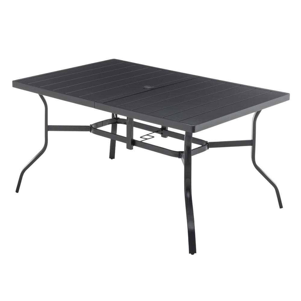 Rectangular Metal Patio Dining Table with Umbrella Hole Anti Slip Pads