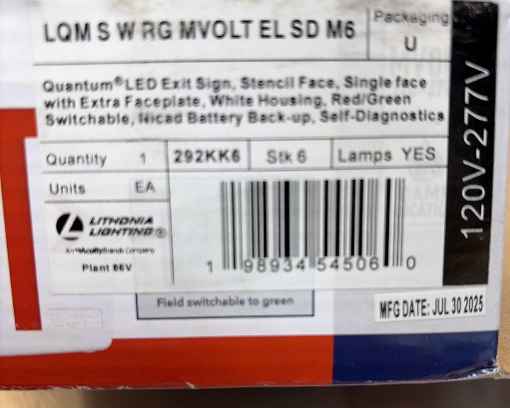 Lithonia Lighting ECRG RD M6 292KK6 LED White Exit Light Red/Green Light