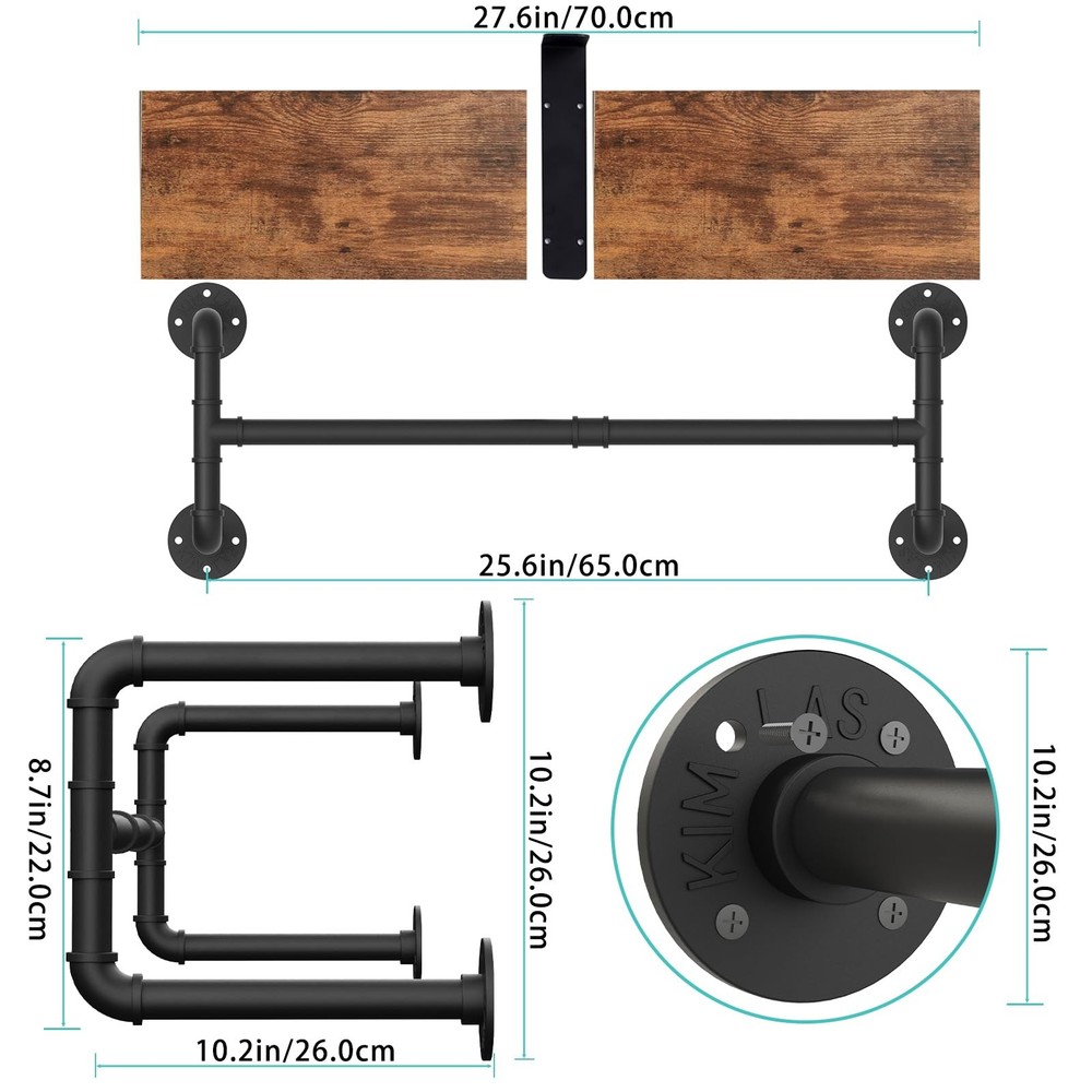 Industrial Pipe Clothes Rack with Top Shelf, Wall Mounted, Space Saving Hange...