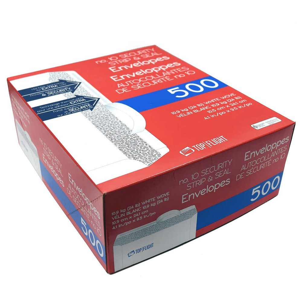Top Flight PSTF10NWT #10 Envelopes, Strip & Seal, Security 500 Count, White